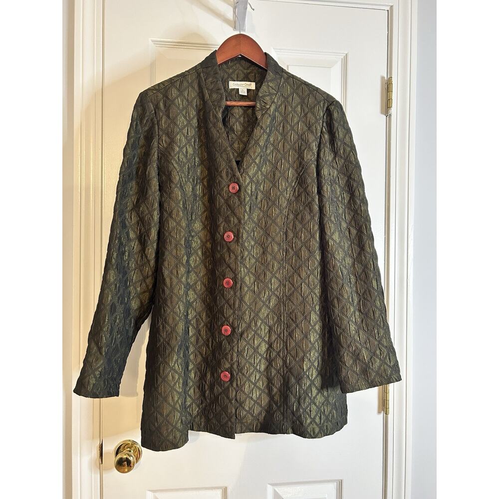 Coldwater Creek Womens Shimmer DarkGreen Crinkle Quilted Long Sleeve Jacket XL